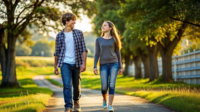 A happy teenage couple walking on a country road at sunset. Young boy and girl smiling and talking together outdoors. Young love and first date concept