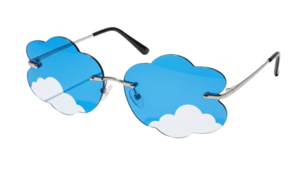 Blue cloud shaped sunglasses with white cloud accents on black background eyewear fashion