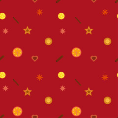 Mullet wine pattern on burgundy background with cookies and cinnamon elements.