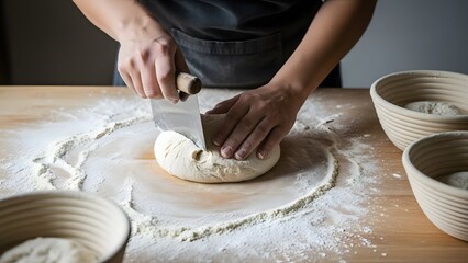Bakers hands expertly divide fresh dough on a floured wooden table with a dough scraper preparing it for baking.