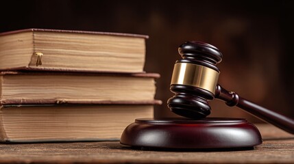 Obraz premium The gavel rests beside a stack of aged books, symbolizing law, justice, and historical legal texts. The scene exudes a sense of authority and tradition, inviting reflection.