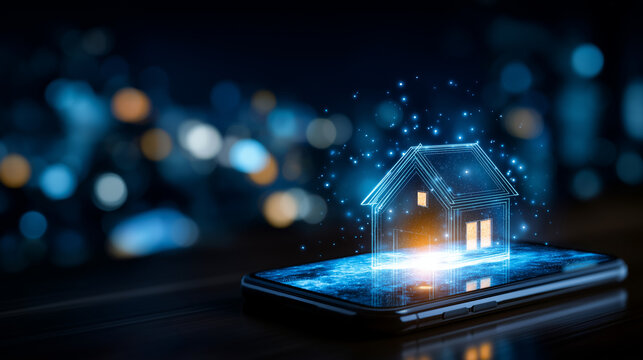Glowing holographic house icons floating above smartphone screen, futuristic blue light effects and sparkles, dark background, smart home technology concept, defocused lights, with - Powered by Adobe