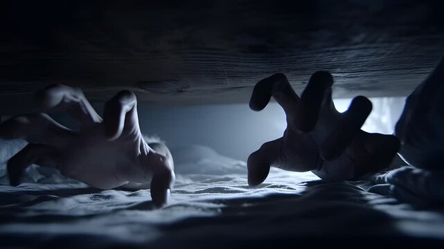 Creepy hands reaching out from beneath a dark bed