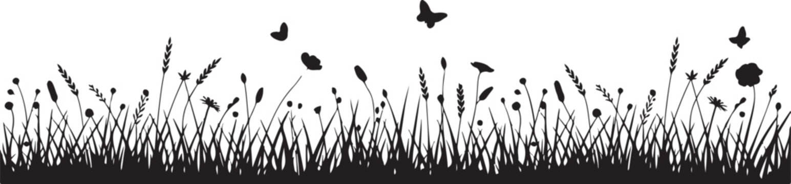 butterfly silhouette meadow grass wildflower vector design composition