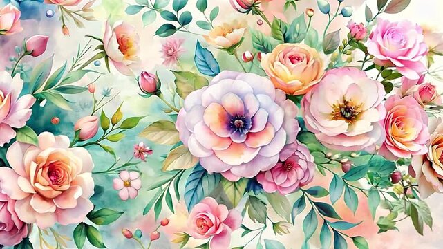Animated watercolor painting of blooming flowers. A slow pan across a romantic floral background with pink roses. Spring nature illustration