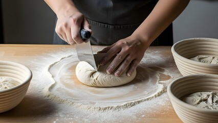 Bakers hands expertly divide fresh dough with a scraper on a floured wooden table surrounded by proofing baskets.