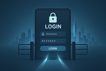 Digital login screen interface with a padlock icon and username password fields set against a dark city skyline background representing web security and user authentication