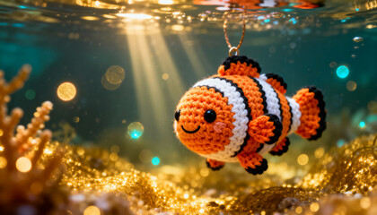 Handmade crocheted clownfish keychain floating underwater with golden bokeh light and coral background. Cute amigurumi toy concept for crafts, gifts, and whimsical design.