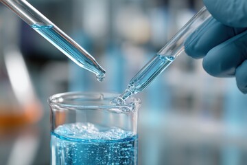 Closeup of hands using a dropper to release fluid into a beaker filled with blue liquid in a laboratory setting during a scientific experiment