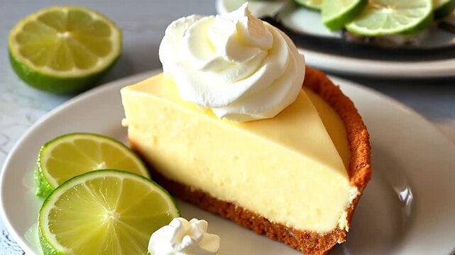 A delicious slice of Key lime pie with whipped cream. Close-up of a creamy citrus dessert garnished with fresh limes. Homemade baking and sweet food concept