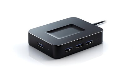 Obraz premium Sleek, matte black, rectangular device with USB ports and a central recessed square, connected by a cable