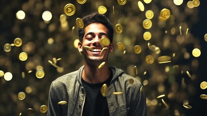 Happy man celebrating under a shower of falling gold coins. Slow motion of a winner enjoying his fortune. Wealth, success, and financial abundance concept - Powered by Adobe