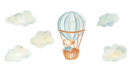 A bear sits in a hot air balloon, wearing a scarf and aviator goggles. The bear holds a calm expression as it floats in the air on a sunny day, ready for an adventure. © NATALIA