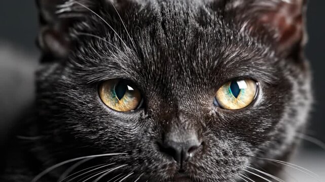 Extreme tight close-up shot revealing the enormous bright yellow-green eyes of a curious black kitten blinking deliberately macro shot, enormous bright, face