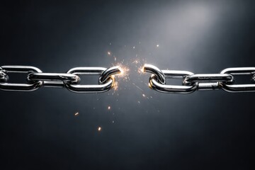 A Close-Up Perspective of a Breaking Metal Chain Generating Sparks Amidst a Dark Background, Symbolizing Fracture and Force