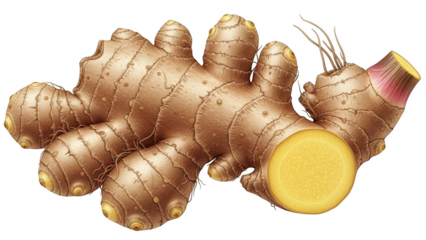 Detailed illustration of a whole ginger root with a slice showing yellow flesh and pinkish skin rhizome