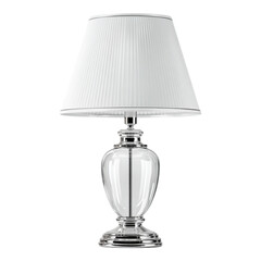 A sleek, elegant table lamp with a pleated lampshade, showcasing a polished silver base, against a stark black background