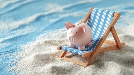 Saving for vacation! Piggy bank relaxing in a beach chair on a sandy shore, symbolizing smart money management and looking forward to a sunny getaway. Future travel savings.