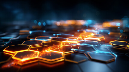 Glowing orange and blue circuit paths on dark background, hexagonal pattern and light effects, futuristic technology concept, digital design projects, defocused details, with copy 