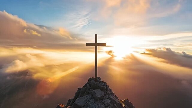 Time-lapse of a Christian cross on a mountain at sunrise. Sun rising behind a silhouette with moving clouds. Faith, hope, and resurrection concept