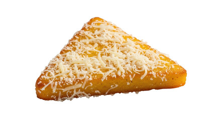 Golden yellow triangular cornbread wedge topped with shredded white cheese on black background triangle