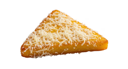 Golden yellow triangular cornbread wedge topped with shredded white cheese on black background triangle