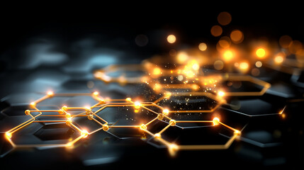 Dark hexagonal grid pattern with glowing golden edges and connections, futuristic technological network structure, black background, defocused nodes, with copy space