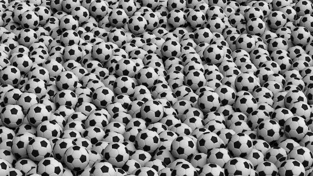 Flying over endless soccer ball pile - looped.