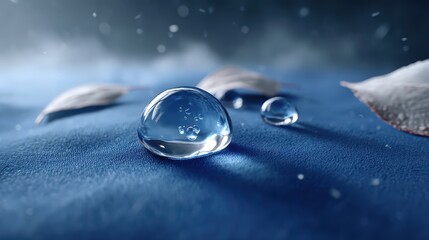 A macro, high-resolution shot of a clear water droplet containing tiny air bubbles resting on a deep blue, textured, waterproof fabric surface, highlighting hydration, purity, and 