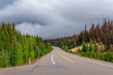 Fototapeta premium Car driving on scenic icefields parkway in the canadian rockies, alberta