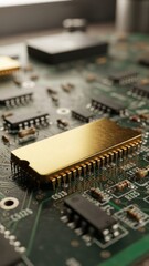 Close-Up of a Computer Circuit Board Computer Hardware Gold Chip Electronics. Concept featuring circuit board, computer hardware, gold chip, electronics, technology.