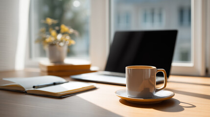 Modern home office desk by window with morning light, laptop coffee and notebook for calm productivity