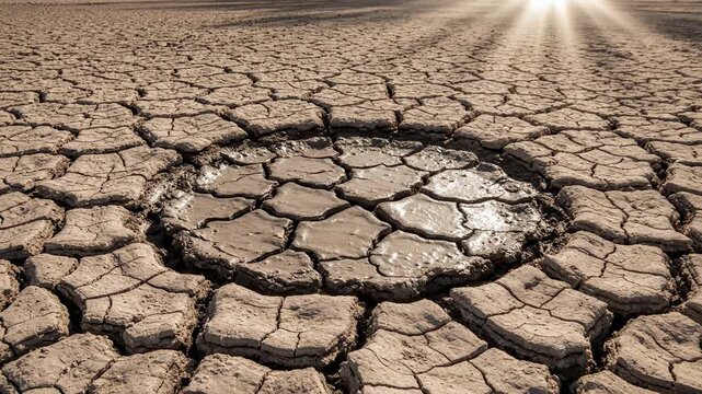 Extreme time-lapse of a muddy water puddle rapidly shrinking and drying up on baked cracked earth demonstrating extreme water scarcity background, brown, crackedearth