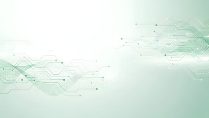 Green abstract technology background with digital circuit lines, flowing data waves and clean copy space