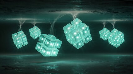 Clusters of Glowing Teal Cubes in Dark Water geometric
