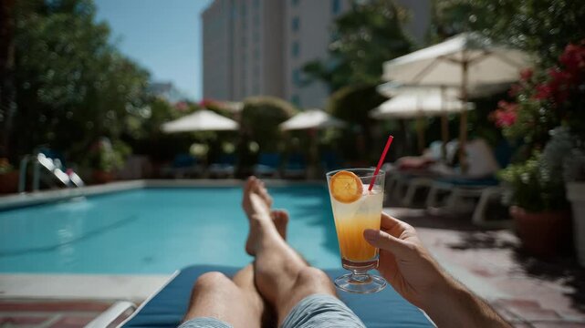 Relaxing poolside scene with tropical drinks and lush garden views