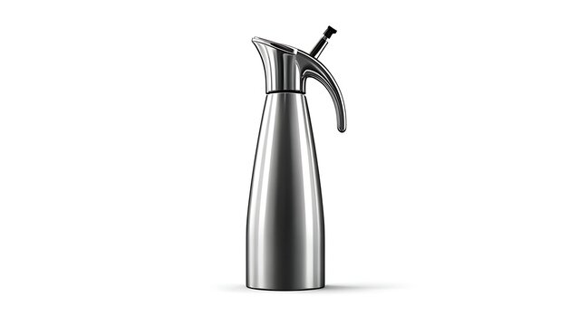 Sleek, metallic siphon bottle with a long, slender body and a curved handle, against a clean white backdrop