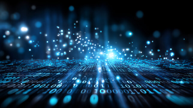 Glowing light at end of digital tunnel, binary code pattern and blue technology elements, futuristic cyber pathway, dark space, defocused code streams, with copy space - Powered by Adobe