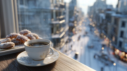 A stylish breakfast setup on a balcony overlooking a snowy city street with a white porcelain cup filled with hot coffee and a small plate of pastries beside it capturing morning freshness and realist