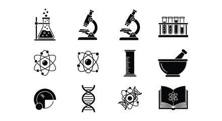 A collection of scientific icons depicting chemistry biology and research tools