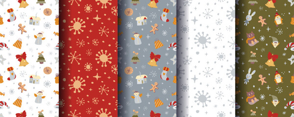 Set of 5 cute cosy seamless Christmas ornaments with festive winter elements. Perfect for holiday backgrounds, wrapping, cards, textiles, packaging, prints and seasonal designs. Vector format.