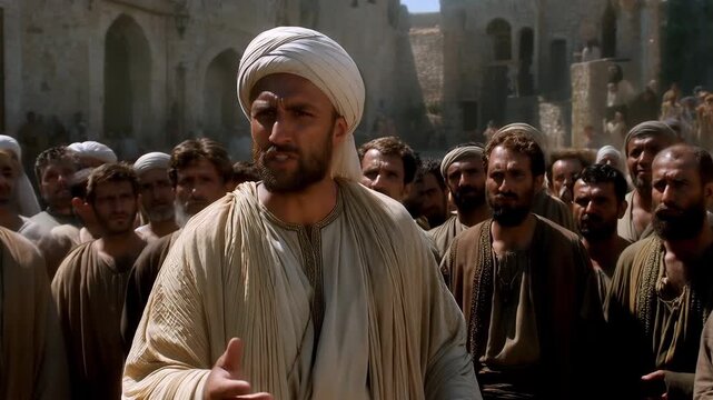 A historical leader in a turban speaking passionately to a crowd of men. A prophet preaching to followers in an ancient Middle Eastern city. Biblical reenactment and religious narrative