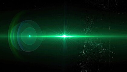 Bright green light streak against black, with lens flare and surface scuffs