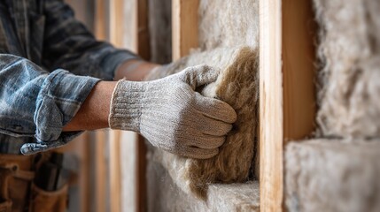 Craftsman installing thermal insulation material in wall for energy efficiency. Protective gloves and flannel shirt, showcasing a commitment to quality work.