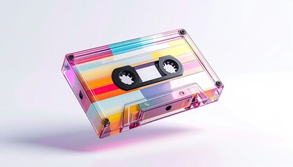 Clear tape cassette with colorful stripes against a white backdrop