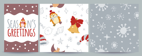 Vector set including 1 Christmas social media greeting card and 2 seamless holiday patterns with doodles. Festive, cozy and versatile for posts, banners, gift wrap, prints, textiles and seasonal desig