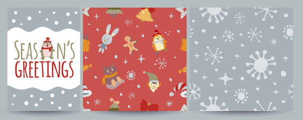 Vector set including 1 Christmas social media greeting card and 2 seamless holiday patterns with doodles. Festive, cozy and versatile for posts, banners, gift wrap, prints, textiles and seasonal desig