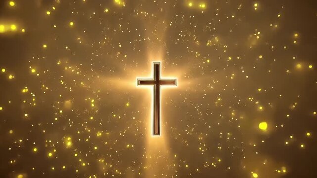 A glowing Christian cross emerges from a burst of golden light. Animated background with shining particles and divine rays. Worship and faith concept