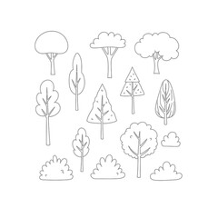 Obraz premium Assorted Tree Bushes Line Art Outline Drawing Black and White Illustration.png