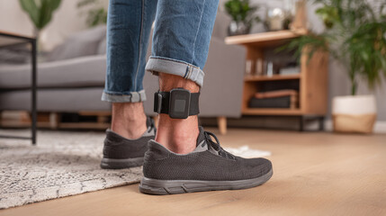 Plakat A close-up shot showcases a person indoors with an ankle monitor strapped to their leg, blending into the domestic environment of carpet, wood flooring, and casually styled footwear.